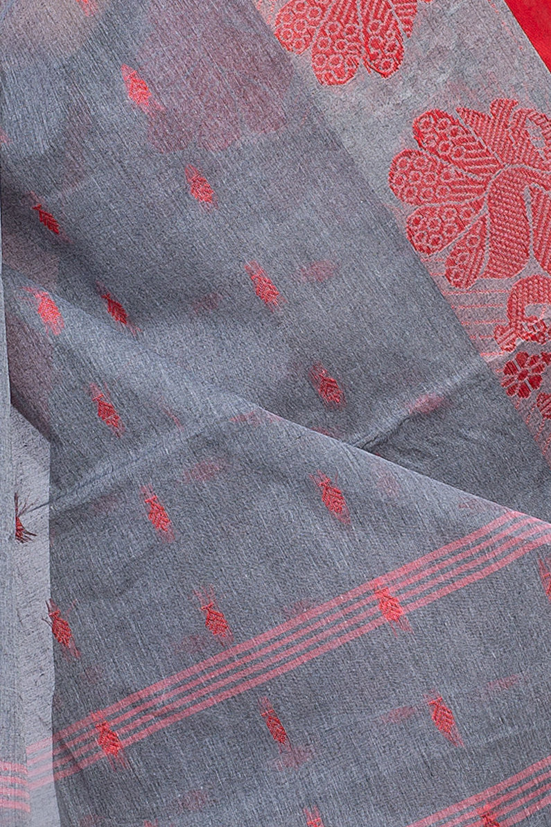 Gray Pure Cotton MOYUR PAR Tant Saree (904)